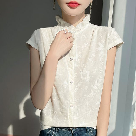 Short-Sleeve Floral Jacquard Ruffled Button-Up Blouse