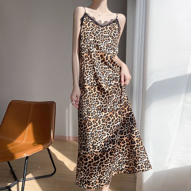 Spaghetti Strap Leopard Print Lace Trim Midi A-Line Dress