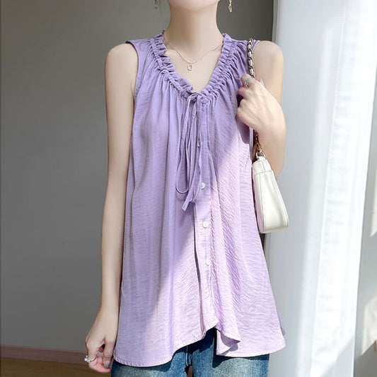 Sleeveless V-Neck Plain Ruffled Button-Up Top