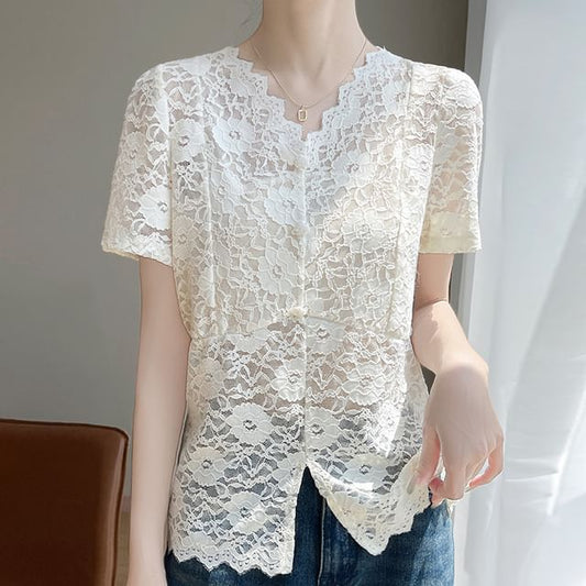 Short-Sleeve V-Neck Button-Up Lace Top