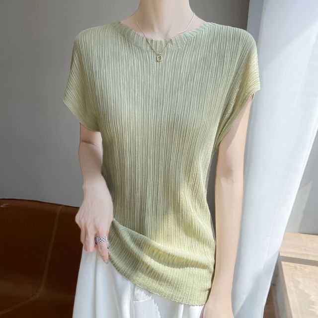 Short-Sleeve Round Neck Plain Ribbed T-Shirt