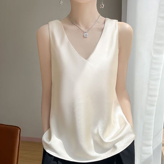 Sleeveless V-Neck Satin Top