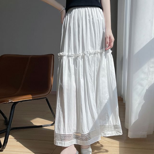 High Waist Lace Trim Ruffled Midi A-Line Skirt