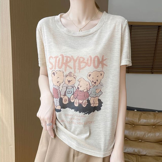 Short-Sleeve Crew Neck Bear Print Tee