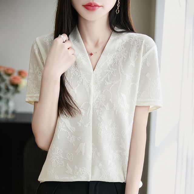 Short-Sleeve V-Neck Floral Embroidered Shirred Top