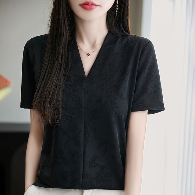 Short-Sleeve V-Neck Floral Embroidered Shirred Top