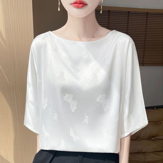Elbow-Sleeve Boat Neck Butterfly Jacquard Satin Blouse