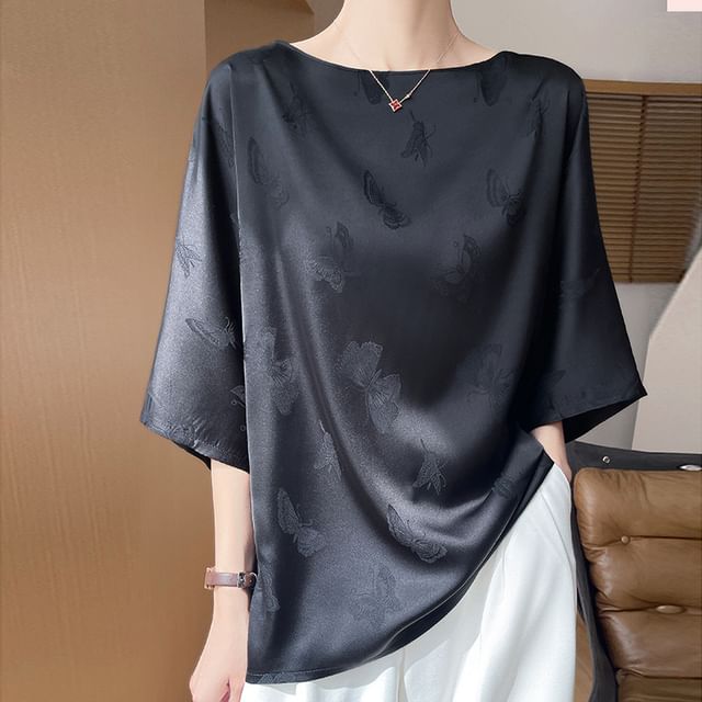 Elbow-Sleeve Boat Neck Butterfly Jacquard Satin Blouse