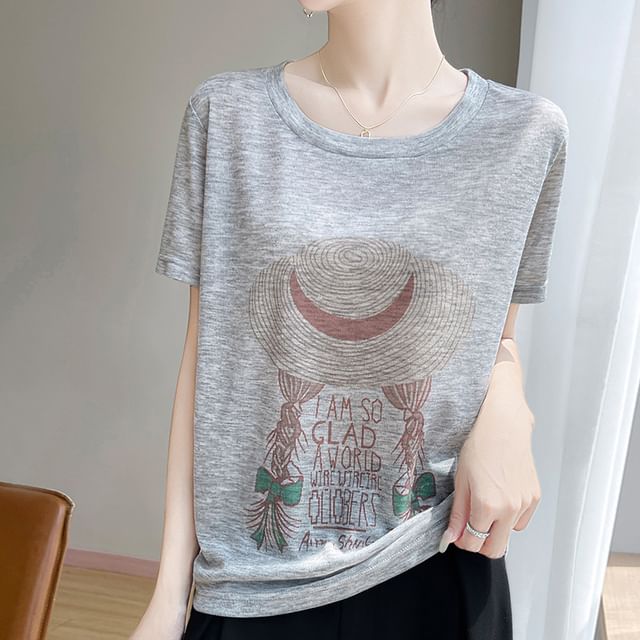 Short-Sleeve Crew Neck Cartoon Print T-Shirt