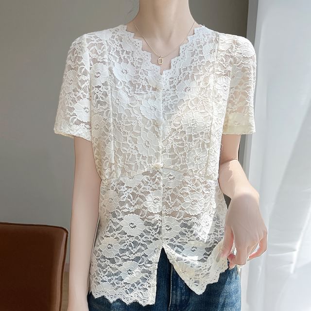 Short-Sleeve V-Neck Button-Up Lace Top