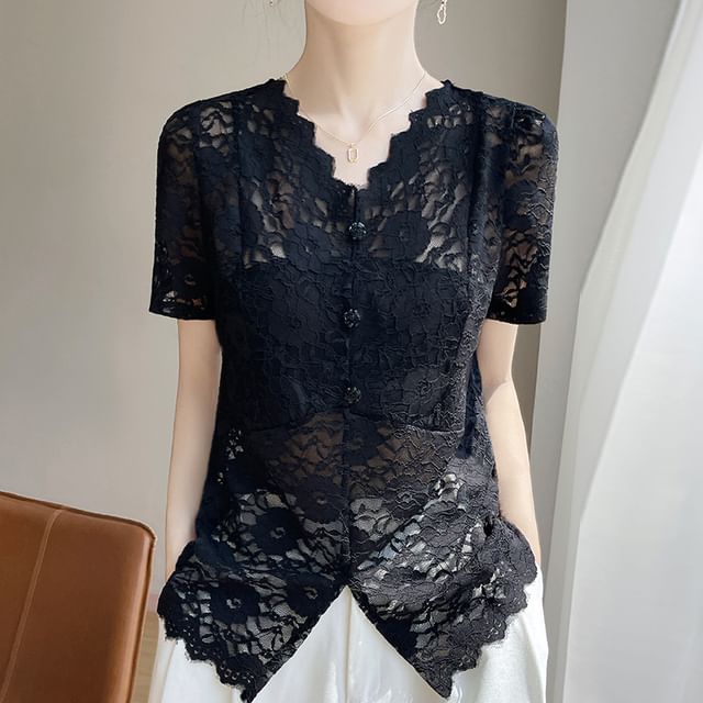 Short-Sleeve V-Neck Button-Up Lace Top