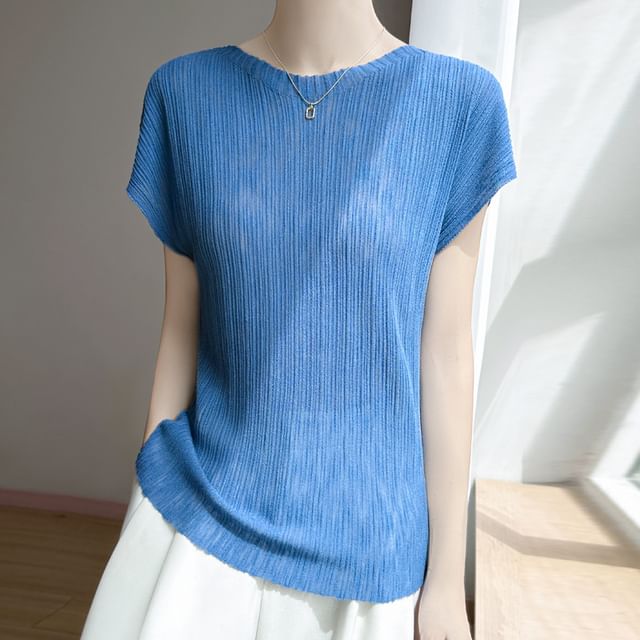 Short-Sleeve Round Neck Plain Ribbed T-Shirt