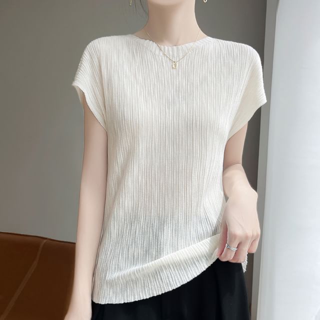Short-Sleeve Round Neck Plain Ribbed T-Shirt