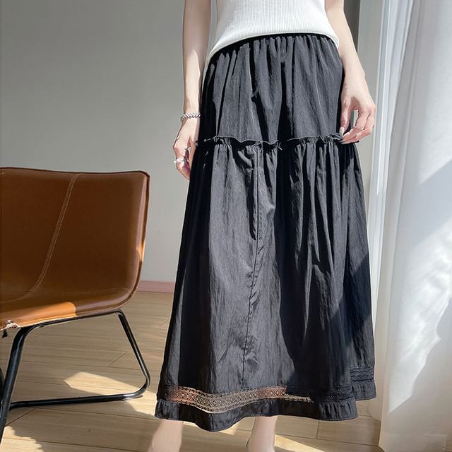 High Waist Lace Trim Ruffled Midi A-Line Skirt