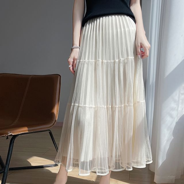 High Waist Plain Accordion Pleat Midi A-Line Mesh Skirt
