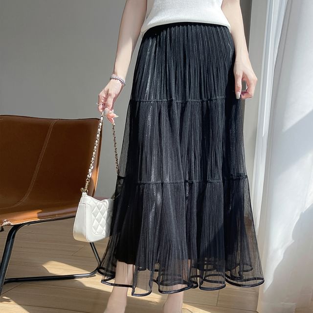 High Waist Plain Accordion Pleat Midi A-Line Mesh Skirt
