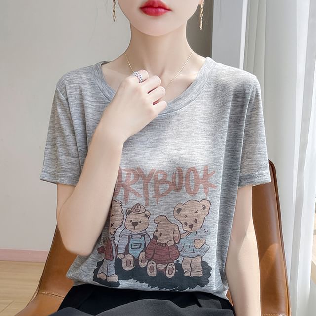 Short-Sleeve Crew Neck Bear Print Tee