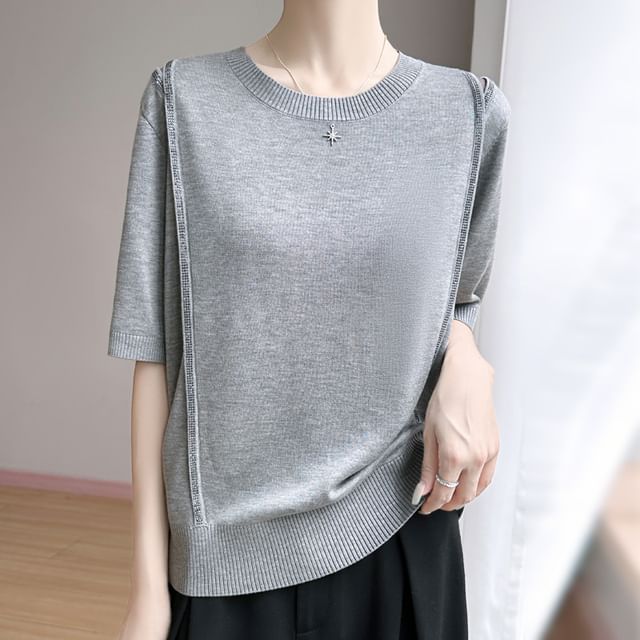 Short-Sleeve Round Neck Rhinestone T-Shirt