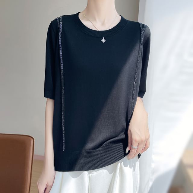 Short-Sleeve Round Neck Rhinestone T-Shirt