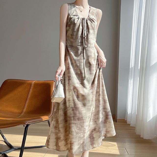 Sleeveless Tie-Dyed Drawstring Midi A-Line Dress
