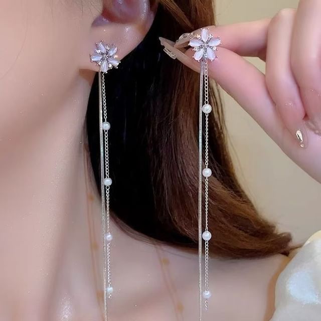 Faux Pearl Earring Gemstone Threader Floral Alloy