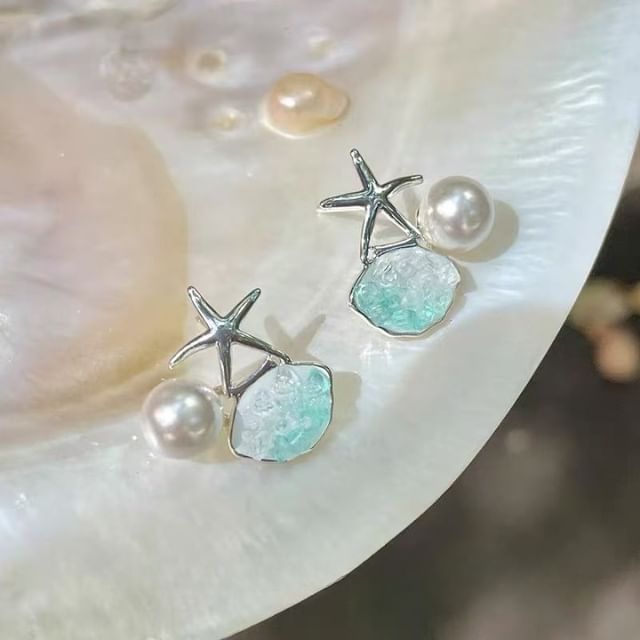 Earring Pearl Stud Faux Alloy Starfish Rhinestone
