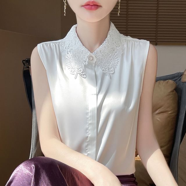 Sleeveless Lace Collar Plain Blouse