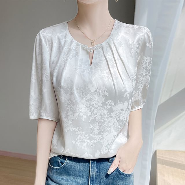 Short-Sleeve Crew Neck Floral Jacquard Faux Pearl Tee