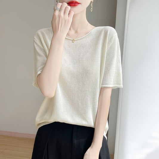 Short-Sleeve Round Neck Plain Knit Top
