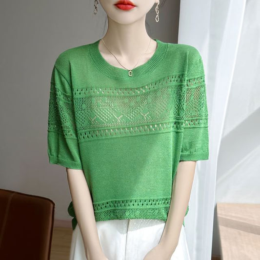 Short-Sleeve Crew Neck Plain Pointelle Knit Top