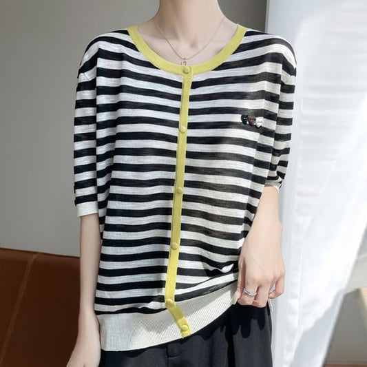 Elbow-Sleeve Crew Neck Striped Applique Button Knit Top