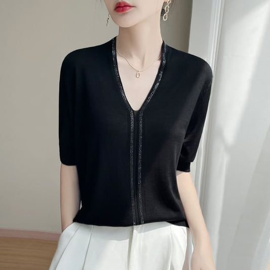 Elbow-Sleeve V-Neck Rhinestone Knit Top