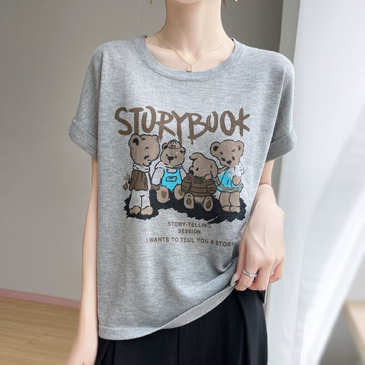 Short-Sleeve Round Neck Bear Print T-Shirt