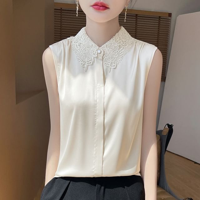 Sleeveless Lace Collar Plain Blouse