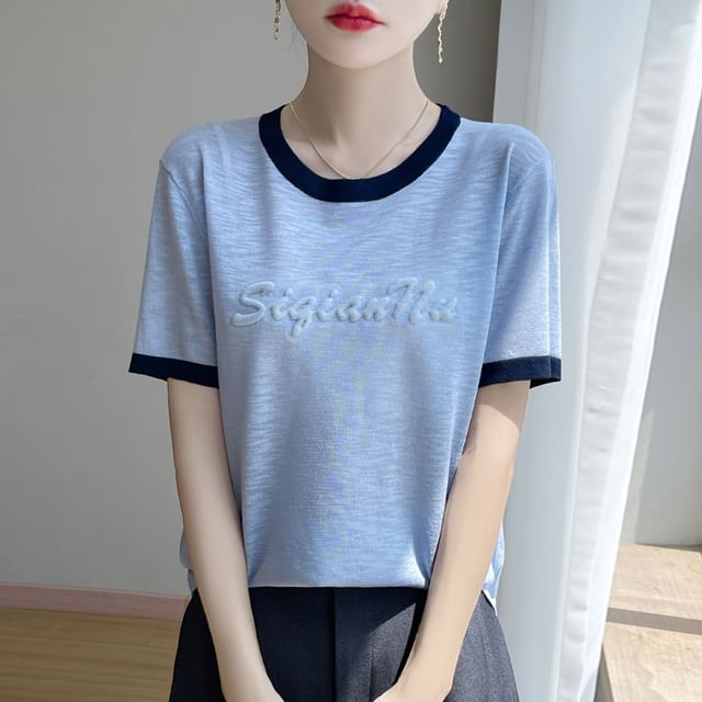 Short-Sleeve Round Neck Lettering Contrast Trim Knit Top