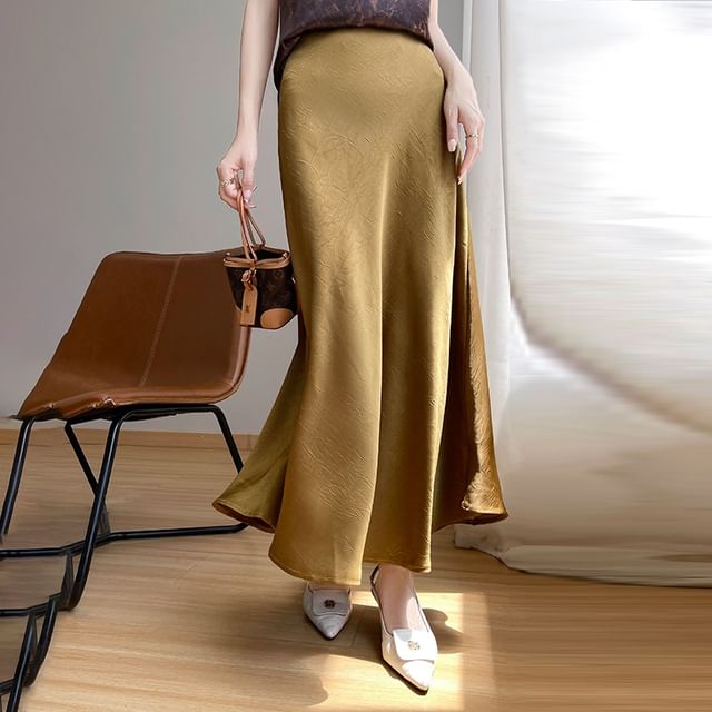 High Waist Plain Satin Midi A-Line Skirt