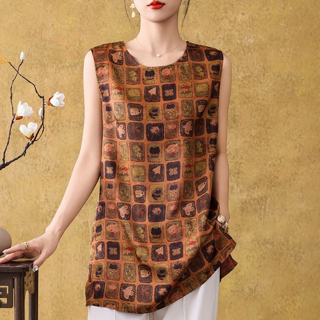Sleeveless Round Neck Patterned Satin Tunic