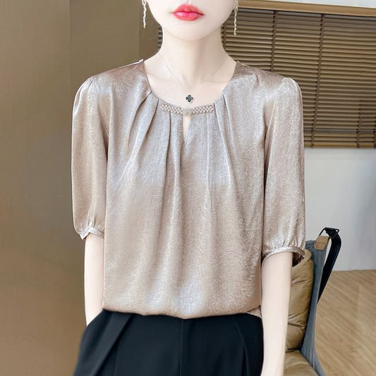Elbow-Sleeve Crew Neck Plain Frog Buttoned Satin Blouse