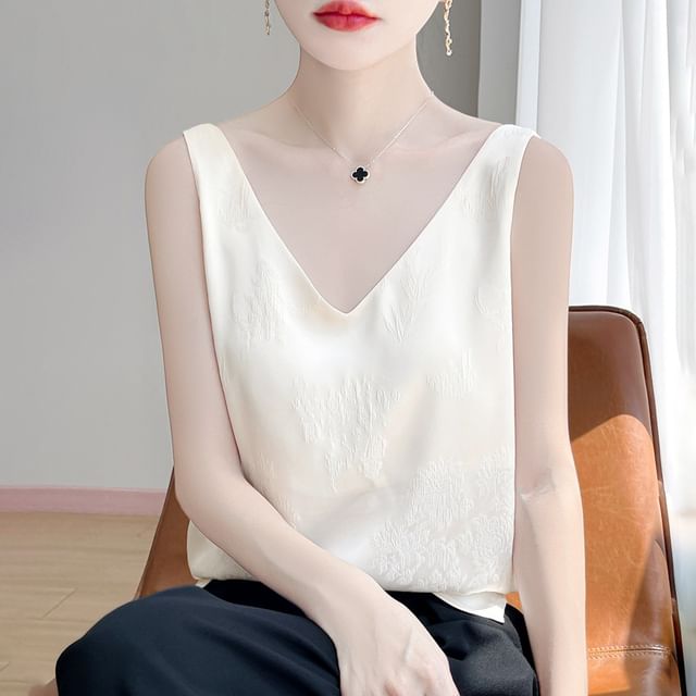 V-Neck Jacquard Satin Tank Top