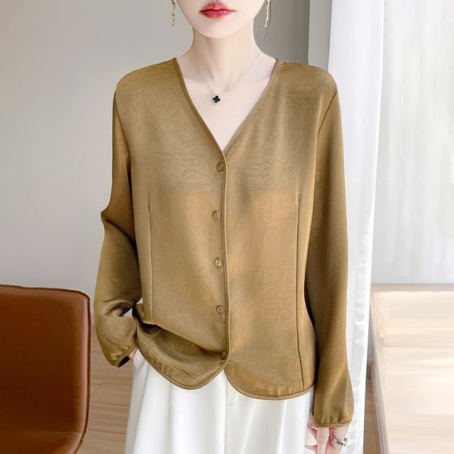 Long-Sleeve V-Neck Button-Up Plain Satin Blouse