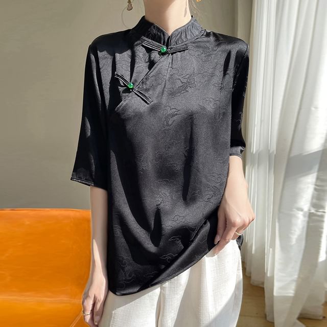 3/4-Sleeve Stand Collar Jacquard Frog Buttoned Satin Blouse
