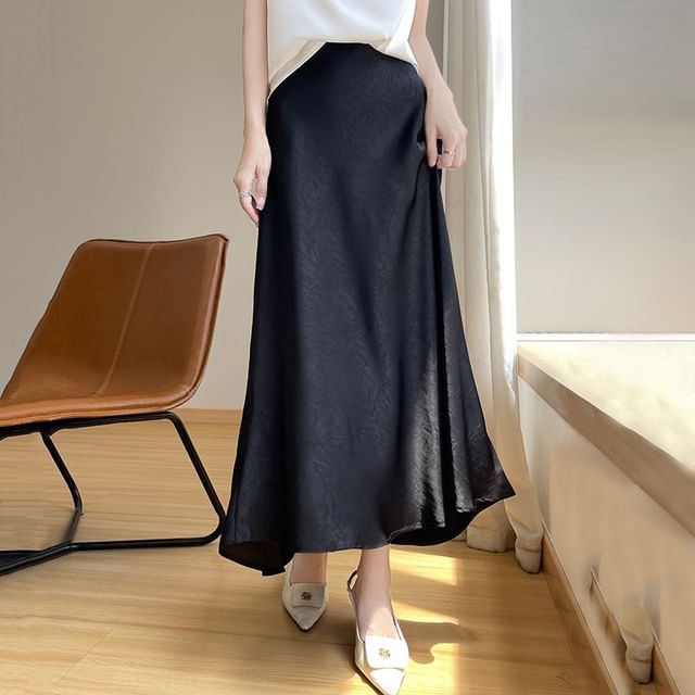 High Waist Plain Satin Midi A-Line Skirt