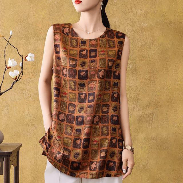 Sleeveless Round Neck Patterned Satin Tunic