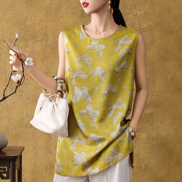 Sleeveless Round Neck Patterned Satin Tunic