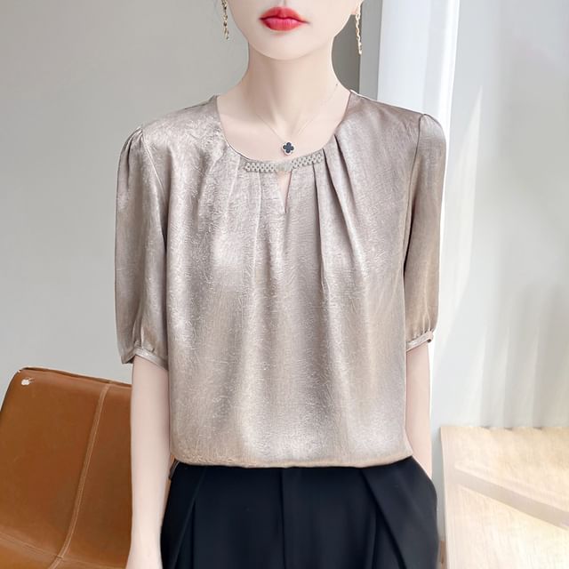 Elbow-Sleeve Crew Neck Plain Frog Buttoned Satin Blouse