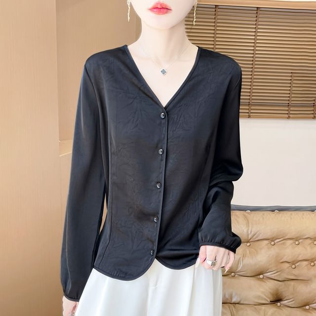 Long-Sleeve V-Neck Button-Up Plain Satin Blouse