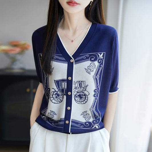 Elbow-Sleeve V-Neck Jacquard Contrast Trim Button-Up Cardigan