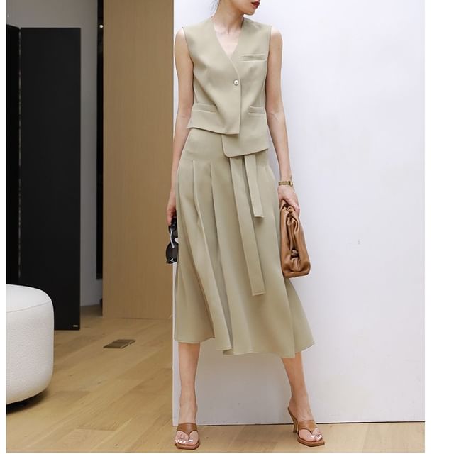 V-Neck Asymmetrical Vest / Midi A-Line Skirt