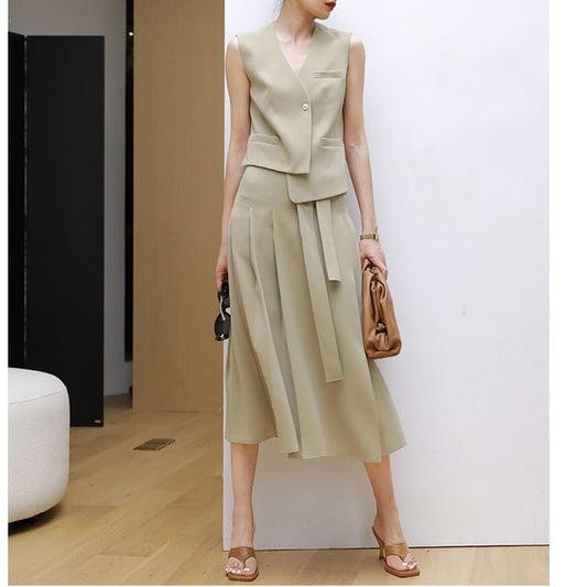V-Neck Asymmetrical Vest / Midi A-Line Skirt