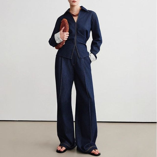 Long-Sleeve Denim Shirt / High Rise Wide Leg Jeans